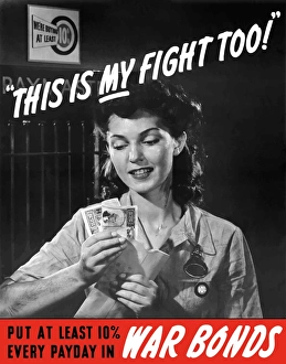 World War II poster of a female factory worker holding her earnings World War II poster of a female factory worker holding her earnings