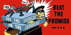 World War II poster of two men turning the wheel of a vice, squeezing a Japanese soldier World War II poster of two men turning the wheel of a vice, squeezing a Japanese soldier