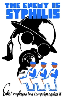 World War II poster of a soldier wearing a gas mask and men in overalls marching World War II poster of a soldier wearing a gas mask and men in overalls marching