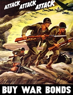 World War II propaganda poster of soldiers assaulting a beach with rifles World War II propaganda poster of soldiers assaulting a beach with rifles