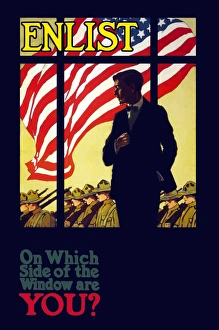 World War One poster of a man looking through a window as troops march past World War One poster of a man looking through a window as troops march past
