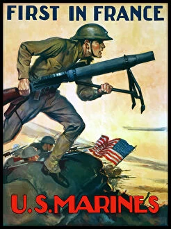World War One poster of Marines charging into battle behind the American flag