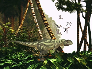 A Yangchuanosaurus hunts through jungle foliage for prey A Yangchuanosaurus hunts through jungle foliage for prey