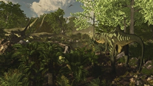 Yangchuanosaurus spies on a group of Mamenchisaurus Yangchuanosaurus spies on a group of Mamenchisaurus