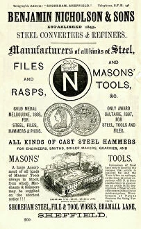 Advertisement for Benjamin Nicholson and Sons, steel converters and refiners, Shoreham Steel, File and Tool Works