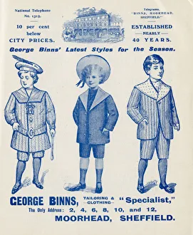 Advertisement for George Binns, tailoring and clothing, 2-12 Moorheadm Sheffield Advertisement for George Binns, tailoring and clothing, 2-12 Moorheadm Sheffield