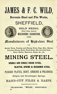 Advertisement for James and F. C. Wild. steel manufacturers, Borussia Steel and File Works, 1889
