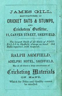 Advertisement for James Gill, manufacturer of crickets bats and stumps Advertisement for James Gill, manufacturer of crickets bats and stumps
