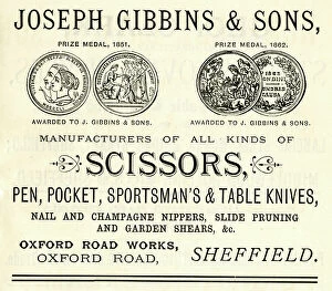 Advertisement for Joseph Gibbins and Sons and Sons, scissor and knife manufacturers, Oxford Road Works, Oxford Road