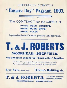 Advertisement for T and J Roberts, the cheapest shop for all Empire Day supplies Advertisement for T and J Roberts, the cheapest shop for all Empire Day supplies