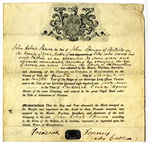 Certificate of admittance to the Company of Cutlers in Hallamshire of John Roberts Certificate of admittance to the Company of Cutlers in Hallamshire of John Roberts