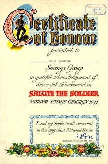 World War Two Gallery: Certificate of honour presented to Public Libraries Savings Group, 1944