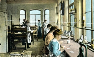 Etching and marking firms name and trade mark on cutlery, Sheffield, c. 1900 Etching and marking firms name and trade mark on cutlery, Sheffield, c. 1900
