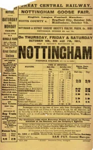 Prints of Also English League football matches (Notts County v Bradford City and Middlesbrough; and Nottingham and District Fanciers Societys poultry, Pigeon etc) Poster Prints: Print of a 1901 Railway Poster