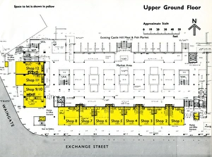 Upper ground floor plan of new Castle Market, Haymarket / Waingate, 1958 Upper ground floor plan of new Castle Market, Haymarket / Waingate, 1958
