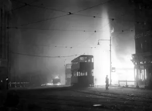 Sheffield Print: A Tram Set Alight During the Blitz