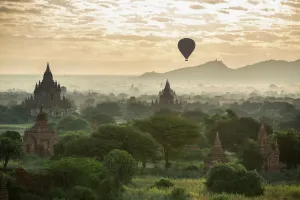 Hot Air Balloon Print over Bagan Temples at Dawn