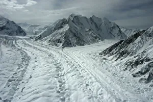 Aerial view of glaciated valley of Concordia, Karakoram Mountains, Himalayas, Pakistan Aerial view of glaciated valley of Concordia, Karakoram Mountains, Himalayas, Pakistan