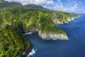 Aerial view of Glassy Point, East Coast of Dominica, West Indies. December 2019 Aerial view of Glassy Point, East Coast of Dominica, West Indies. December 2019