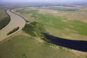 Aerial view of the meandering Saint George branch of the Danube river, Danube Delta Aerial view of the meandering Saint George branch of the Danube river, Danube Delta