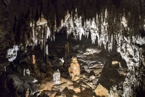 Assorted stalagmites and stalagtites and other speleothems (mineral deposits formed Assorted stalagmites and stalagtites and other speleothems (mineral deposits formed