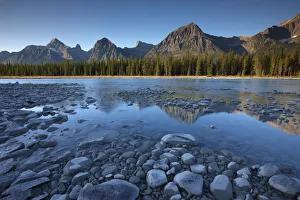 The Athabasca River with Mt Fryatt and Brussels Peak at dawn, Jasper National Park, Alberta, Canada The Athabasca River with Mt Fryatt and Brussels Peak at dawn, Jasper National Park, Alberta, Canada