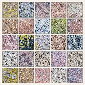 Volcanic Rocks Gallery: Composite photograph showing diversity of colour and pattern in samples of granite