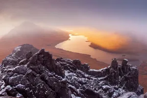 Cul Beag and Loch Lurgainn at sunrise from the summit of Stac Pollaidh, Coigach, Highlands Cul Beag and Loch Lurgainn at sunrise from the summit of Stac Pollaidh, Coigach, Highlands