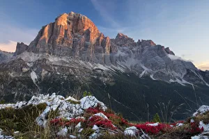 First light on Tofana de Rozes from Cinque Torri, Dolomite Mountains, Belluno Province First light on Tofana de Rozes from Cinque Torri, Dolomite Mountains, Belluno Province