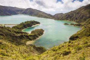 Fogo Lake and hills of surrounding crater. Sao Miguel Island, Azores, Portugal. 2019 Fogo Lake and hills of surrounding crater. Sao Miguel Island, Azores, Portugal. 2019