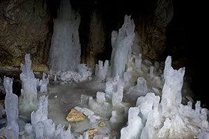 Ice forming stalagmite structures in Ledena Pecina (an ice cave) inside Obla Glava Ice forming stalagmite structures in Ledena Pecina (an ice cave) inside Obla Glava
