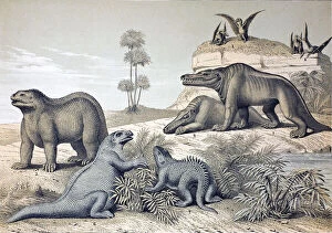 Iguanodon Collection: Lithograph with later hand colouring combining two of Benjamin Waterhouse Hawkins'