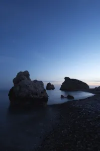 Petra tou Romiou (Aphrodites Rock) at dusk, Pissouri Bay, near Paphos, Cyprus Petra tou Romiou (Aphrodites Rock) at dusk, Pissouri Bay, near Paphos, Cyprus