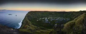 Rano Kau Volcano crater with lagoon and Motu islets in the sea, Easter Island, Pacific ocean Rano Kau Volcano crater with lagoon and Motu islets in the sea, Easter Island, Pacific ocean