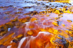 Red waters of the Rio Tinto, coloured by dissolved minerals, primarily iron. Andalusia