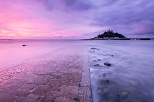 RF - St Michaels Mount and old causeway at sunrise, Marazion, Cornwall, UK. October 2015 RF - St Michaels Mount and old causeway at sunrise, Marazion, Cornwall, UK. October 2015