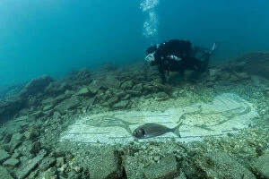 Ancient Roman Culture Gallery: Scuba diver exploring ancient Roman mosaic from the third century AD, with maritime theme