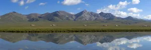 Song-Kul Lake with yurts from herdsmen during summer pasture, Karatal-Japyryk State Nature Reserve Song-Kul Lake with yurts from herdsmen during summer pasture, Karatal-Japyryk State Nature Reserve