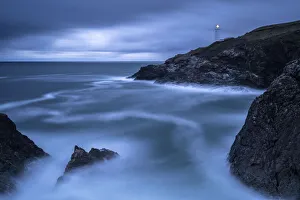 Trevose Head lighthouse at dusk. Near Padstow, Cornwall, England, UK. October 2020 Trevose Head lighthouse at dusk. Near Padstow, Cornwall, England, UK. October 2020