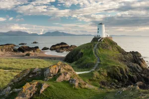 Twr Mawr lighthouse, Llanddwyn Island, late evening light, Anglesey, North Wales, UK Twr Mawr lighthouse, Llanddwyn Island, late evening light, Anglesey, North Wales, UK