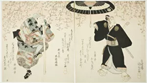 Peddler Gallery: The actors Ichikawa Danjuro VII as Sukeroku (R) and Onoe Kikugoro III as the white sake... c. 1823