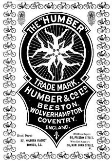 Prints of Advertisement for Humber's Cycles, 1898. THE 'HUMBER' TRADE MARK. HUMBER and CO. LTD. BEESTON. WOLVERHAMPTON. COVENTRY. ENGLAND. Head Depot: 32, HOLBORN VIADUCT, E.C Coventry Prints: Humber Cycles Advertisement Print, 1898