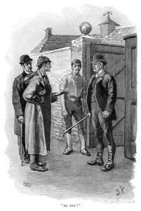 Sherlock Holmes Prints: Print of The Adventure of Silver Blaze, Holmes questioning a suspect