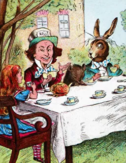 Alice at the Mad Hatters Tea Party, c1910. Artist: John Tenniel Alice at the Mad Hatters Tea Party, c1910. Artist: John Tenniel