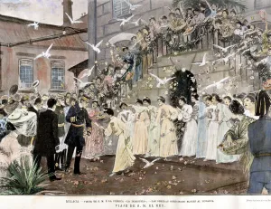 Alphonse XIII visiting a factory in Malaga in 1904, engraving in the Ilustracion Alphonse XIII visiting a factory in Malaga in 1904, engraving in the Ilustracion