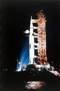 Saturn V Gallery: Apollo 9 Saturn V rocket with full moon, 1969. Creator: NASA