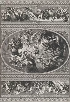 Charles I Of England Collection: The apotheosis of James I in an oval at center, friezes with putti
