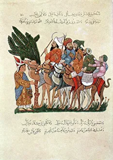 Arabian travellers on camels, being greeted at the end of their journey. Artist: Unknown Arabian travellers on camels, being greeted at the end of their journey. Artist: Unknown