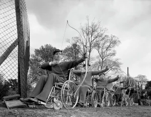 Archery practice at the CISWO paraplegic centre, Pontefract, West Yorkshire, 1960 Archery practice at the CISWO paraplegic centre, Pontefract, West Yorkshire, 1960