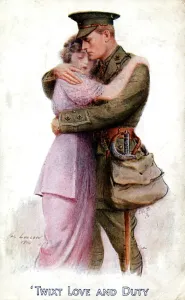 Prints of Twixt Love and Duty, 1914. World War I postcard, showing a British officer saying farewell to a loved one and answering the call to duty World War I And II Prints: Twixt Love and Duty Print, 1914 World War I Officer Farewell